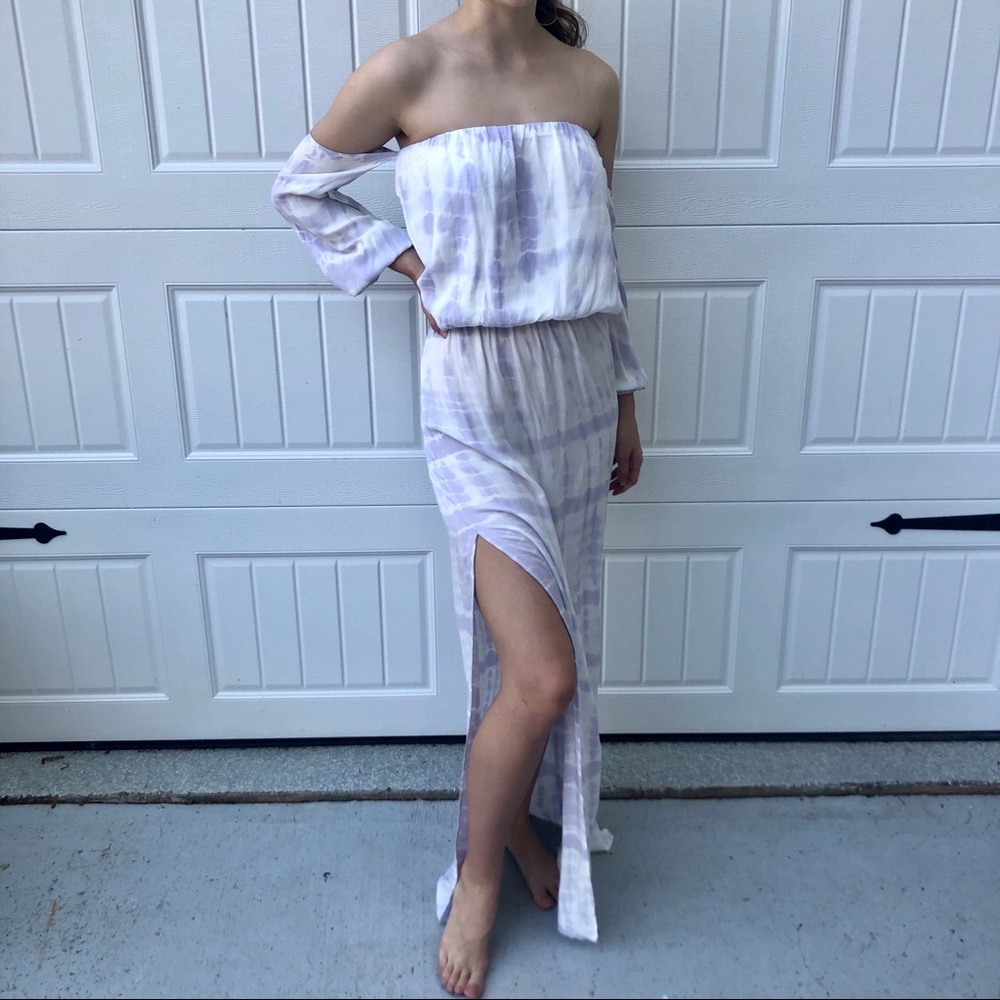 NWOT White & lilac strapless maxi dress w/ sleeves